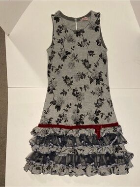 MonnaLisa Gray Floral Tank Dress with Red Velvet Trim